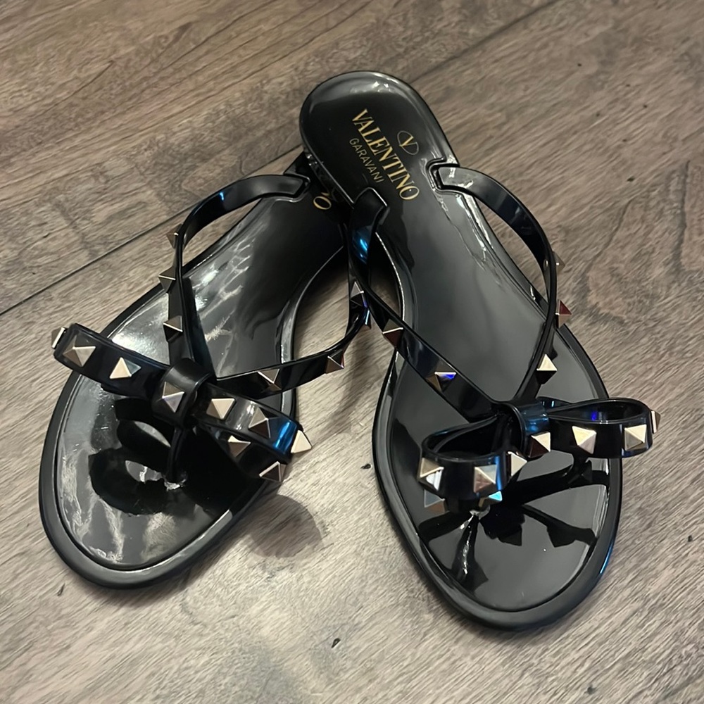 Valentino Garavani Rockstud PVC Thong Sandal Black Size 37